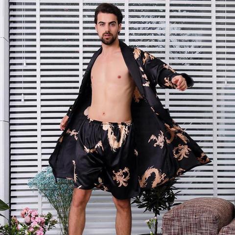 Conjunto de Bata de satén con estampado de dragón para hombre, ropa de dormir de talla grande 4XL 5XL, camisón sedoso, Kimono informal holgado para el hogar, 2 uds. ► Foto 1/6