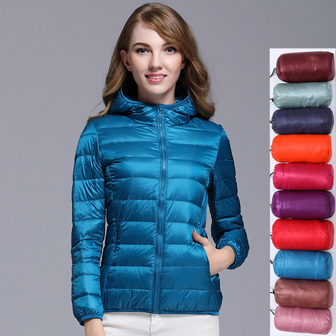 Chaqueta de plumón de pato para mujer, Parkas con capucha de manga larga, color blanco, ultraligeras, 90% ► Foto 1/6