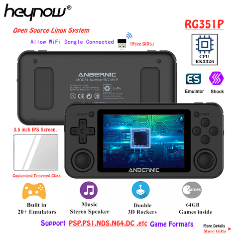 HEYNOW-consola de juegos Retro RK3326 RG351P, WiFi, 64G Emuelec, sistema Linux, pantalla IPS de 3,5 pulgadas, PS1, N64, reproductor de juegos de bolsillo, RG350P, RG351 ► Foto 1/6