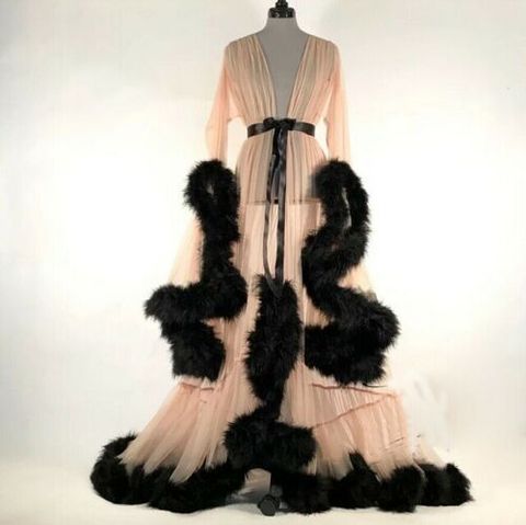 Bata de noche de encaje Sexy de lujo para mujer, Kimono de noche para mujer, maxivestido de malla, manga larga, picardías de piel, ropa de dormir para fiesta, batas de noche ► Foto 1/5