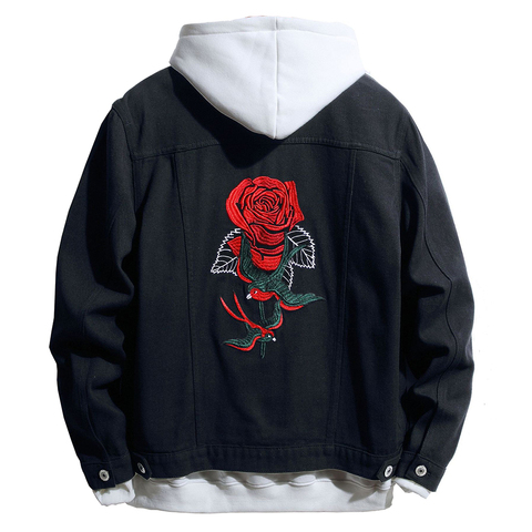 Chaqueta vaquera negra con bordado de flores y pájaros para hombre, abrigo vaquero de moda, Top, ropa de abrigo ► Foto 1/6