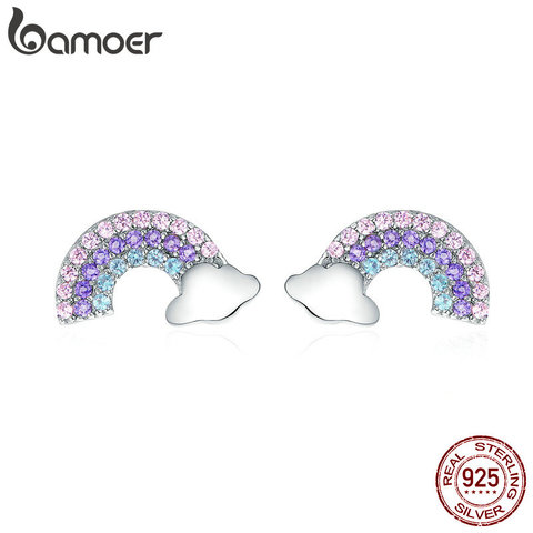 BAMOER nueva llegada 925 Plata de Ley colorido circón Arco Iris exquisitos pendientes de tuerca mujeres de moda para fiesta pendiente joyería SCE578 ► Foto 1/6