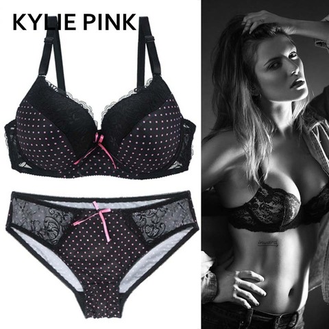 KYLIE-Conjunto de sujetador y bragas de talla grande para mujer, ropa interior Sexy con encaje ajustable, transpirable, fino, Kit de lencería, color rosa, 3/4 ► Foto 1/6