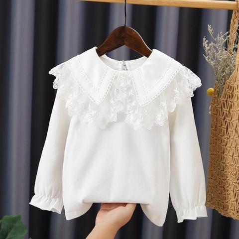 Blusa de algodón de manga larga para niñas pequeñas, camisa blanca de encaje para primavera y otoño, 2022 ► Foto 1/6