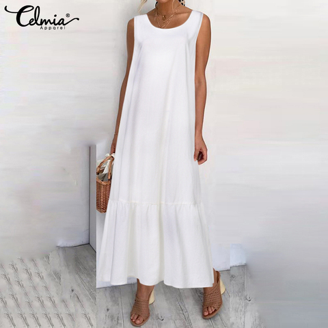 Vestido de verano de talla grande 2022 Celmia para mujer Maxi Vestido largo sin mangas para mujer Casual suelto sólido Maxi Vestido de vacaciones ► Foto 1/6