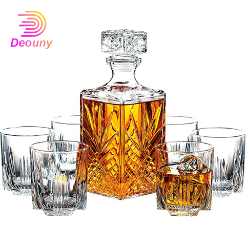 DEOUNY-decantador de cristal de 0,5l y 1L, Juego de vasos de Whisky elegante, decantador de Whisky con tapón adornado, separador de vajilla de cóctel ► Foto 1/6