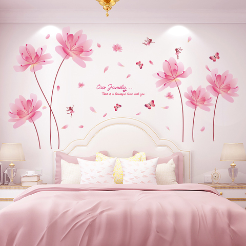 Shijuekongjian-pegatinas de pared de flores de Color rosa, planta DIY, elfo, para sala de estar, dormitorio, cocina, decoración del hogar ► Foto 1/6