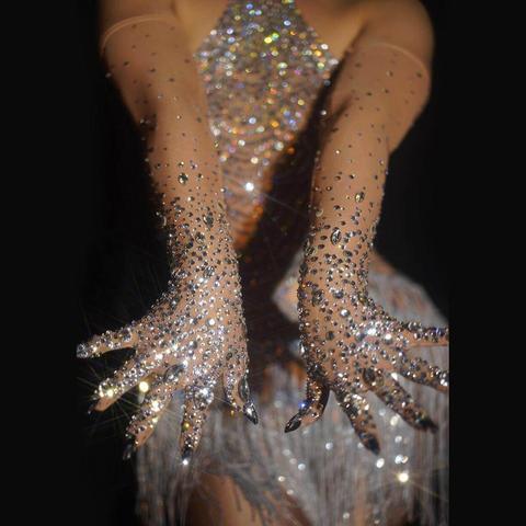 Lujoso Stretch guantes con diamantes de imitación mujer brillante Cristal de malla guantes bailarín cantante de club nocturno espectáculo danza Accesorios ► Foto 1/6