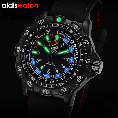 Relojes de acero inoxidable para hombre, pulsera de cuarzo de Gel de sílice luminoso, azul y verde, resistente al agua, para buceo, natación y exteriores, militares ► Foto 1/6