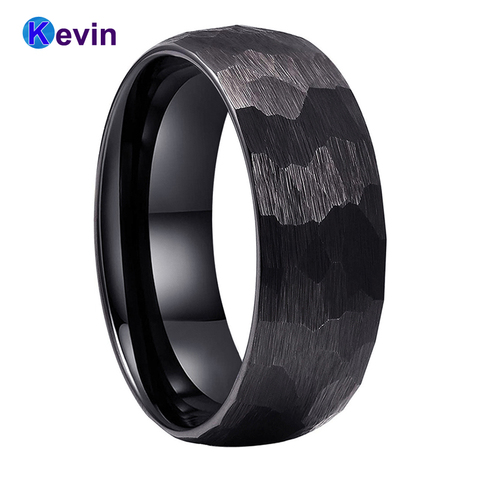 Anillo negro de tungsteno para hombre y mujer, banda de boda, martillado por facetas, acabado cepillado, 6MM, 8MM, ajuste cómodo, color negro ► Foto 1/6