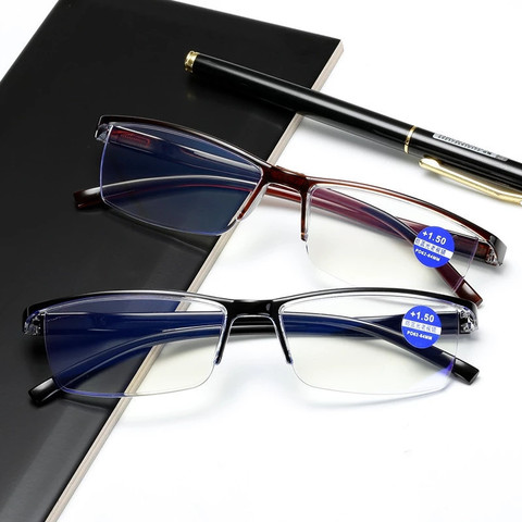 Gafas de lectura antirrayos blu-ray para hombre y mujer, gafas con media montura ultraligeras, graduadas, de moda Retro + 100 a + 40 ► Foto 1/6