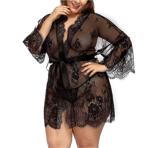 Lencería Sexy de talla grande para mujer, prenda de vestir erótica, Porno, con encaje de flores, ropa de dormir, camisón, trajes sexuales, 3XL ► Foto 1/6