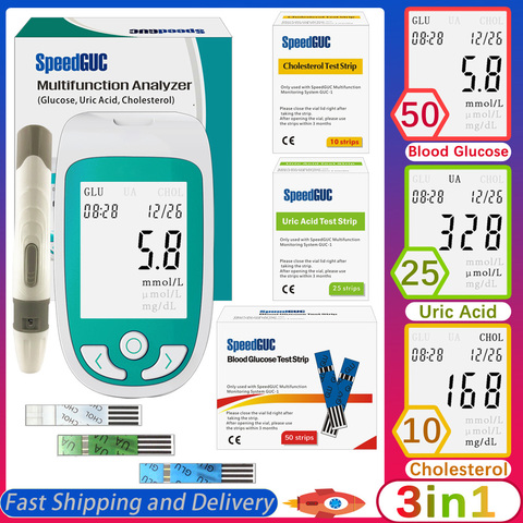 Monitor de glucosa en sangre 3 en 1 multifunción, medidor de acidez, glucómetro, Diabetes, gota, tiras de prueba de azúcar en sangre ► Foto 1/6