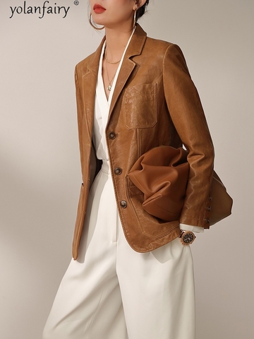 Real genuino chaqueta de cuero de las mujeres 2022 Vintage 100% de piel de oveja de abrigo mujer Blazer abrigos, ropa de mujer 2022 KJ5933 ► Foto 1/6