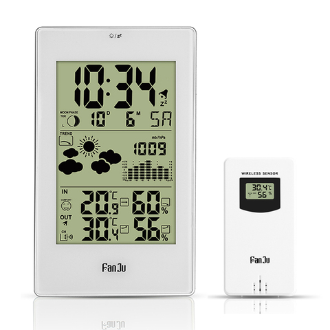 FanJu-termómetro para interiores y exteriores, higrómetro, barómetro, alarma de Estación Meteorológica Inalámbrica, reloj, estación de predicción del tiempo ► Foto 1/6