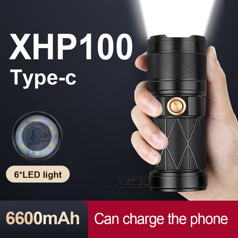 XHP100 + 6 * led potente linterna táctica antorcha batería incorporada linterna de caza recargable luz de flash lámpara de trabajo XHP 100 ► Foto 1/6