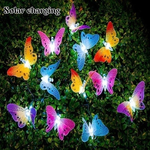 Tira de luces LED con forma de mariposa para decoración de jardín, 12 lámparas de fibra óptica con energía Solar, para exteriores ► Foto 1/6