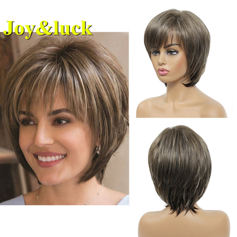 Joy & luck-peluca corta para mujer, postizo sintético Rubio mixto marrón, pelucas completas rectas con flequillo, estilo de cabello de moda ► Foto 1/6
