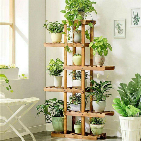 6 Nivel de madera soporte de madera carbonizada planta soporte de pantalla flor olla Rack Bonsai de Banco Patio ella ► Foto 1/6