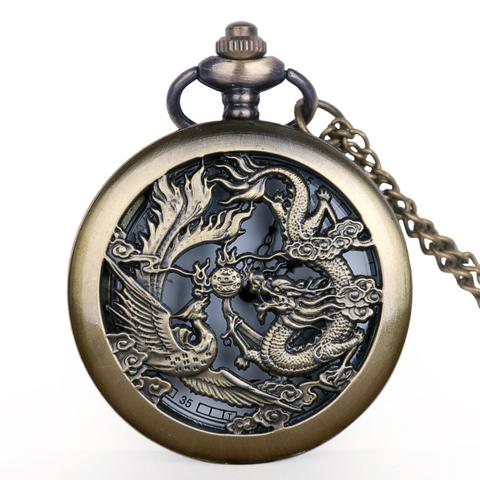 Reloj de bolsillo de cuarzo de dragón Holllow para hombre, collar, colgante, Retro, chino, con cadena, regalo ► Foto 1/5