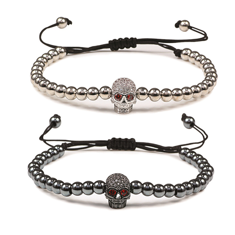 Pulsera de cuentas de cobre con cabeza de calavera para hombre y mujer, brazalete ajustable de cristal con esqueleto de circonia cúbica hecho a mano, joyería Punk para hombre y mujer ► Foto 1/6