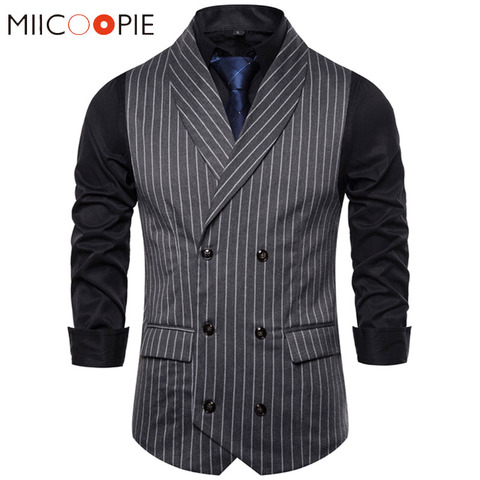 Chaleco Formal a rayas para hombre, Traje a cuadros, chaleco informal de moda con doble botonadura sin mangas, chaleco Formal de negocios ► Foto 1/6