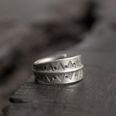 Anillo ancho de plata de ley hecho a mano para hombres y mujeres, joyería de trazo indio ajustable, accesorios de dedo Retro rústico ► Foto 1/5