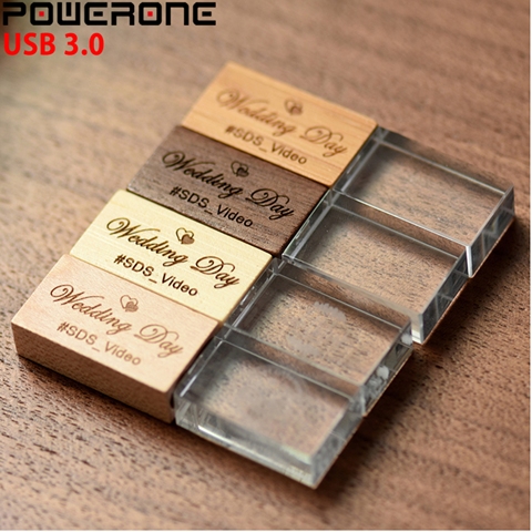 POWERONE-memoria USB 3,0 para fotografía de boda, LOGO personalizado de madera, cristal, 64GB, 32GB, 16GB, 4GB ► Foto 1/6