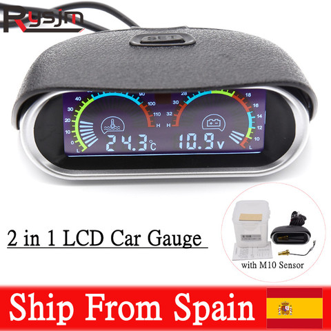 2 en 1 Digital LCD calibradores de coche agua medidor de temperatura con 10mm sensor + voltímetro indicadores de voltaje para 12V 24V coches camiones Diesel ► Foto 1/6