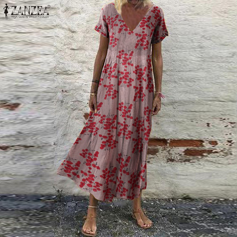 ZANZEA-Vestido largo playero bohemio con estampado Floral para mujer, vestido playero Vintage de manga corta con cuello de pico, caftán ► Foto 1/6