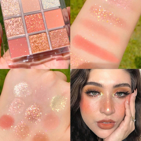 Paleta de sombras de ojos de 9 colores brillantes, pigmento de diamante resistente al agua, sombra de ojos en polvo para chica, maquillaje cosmético, lentejuelas mate ► Foto 1/6