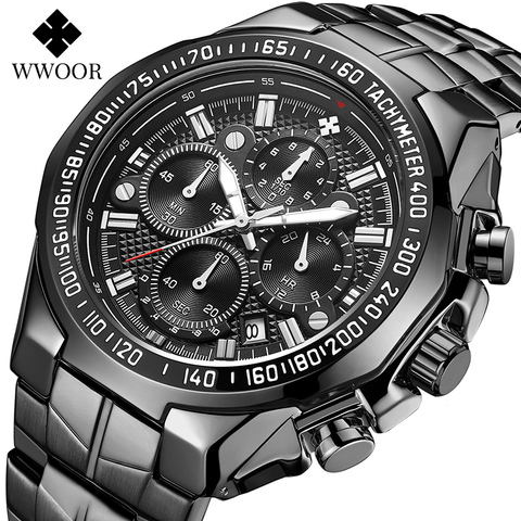 WWOOR-relojes militares grandes para hombre, de cuarzo, deportivo, negro completo, de pulsera, de lujo, de acero inoxidable, resistente al agua ► Foto 1/6