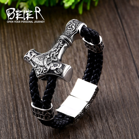 Beier-pulsera de acero inoxidable 316L Estilo nórdico vikingo para hombre, brazalete con LLBC-L005L amuleto, martillo triangular ► Foto 1/6