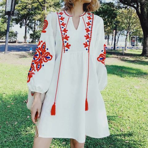 Vestido de primavera-Otoño de vacaciones, turismo, con lazo y cuello, suelto, elegante, étnico, manga acampanada, bonito bordado Floral ► Foto 1/6