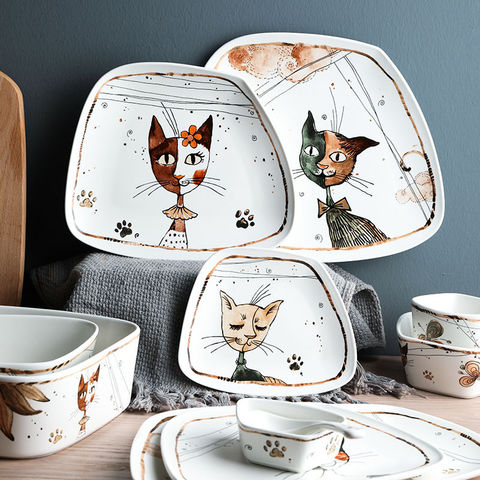 Vajilla de cerámica con dibujos de gato para el hogar, tazón para Fideos, fruta, carne, platos de comida, vajilla de porcelana creativa ► Foto 1/6