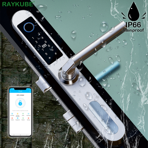 RAYKUBE-cerradura de puerta con huella digital, dispositivo de cierre impermeable IP66 con Bluetooth, aplicación TTlock, 5 modos de desbloqueo, puente roto/madera/puerta exterior DQ01 ► Foto 1/6