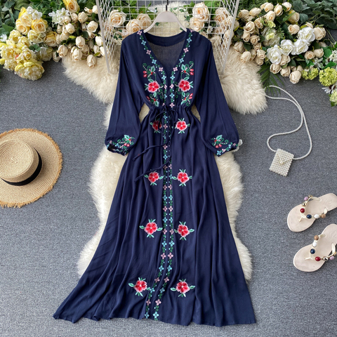 Vestido largo para mujer, vestido largo para vacaciones de viaje, estilo Retro étnico bordado con cuello en V, Vestido de manga de linterna ML1034 2022 ► Foto 1/6