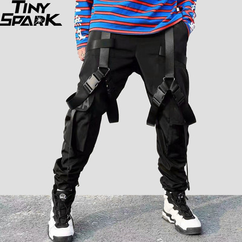 Pantalones Cargo de Hip-Hop para hombre, ropa de calle con bolsillos, Harajuku, harén, hebilla para el pantalón, cinta para correr, HipHop, color negro, Otoño, 2022 ► Foto 1/6