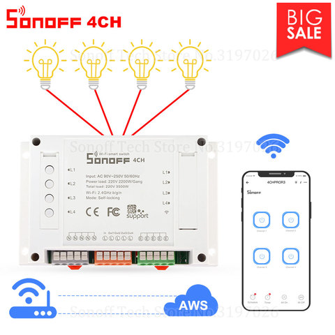 Sonoff-enchufe inteligente Itead 4 canales/4 canales R3, Wifi, 4 entradas, interruptor de luz, aplicación de hogar inteligente, relé remoto, funciona con Alexa y Google Home ► Foto 1/5