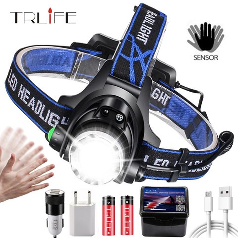 Linterna de cabeza con zoom para campamento, luz LED superbrillante T6/L2/V6 con LED con detección de movimiento ► Foto 1/6