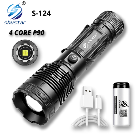 Linterna LED de 4 núcleos P90, superbrillante, con martillo de seguridad, compatible con zoom, 3 modos de iluminación, adecuado para aventura, senderismo, Camping ► Foto 1/6