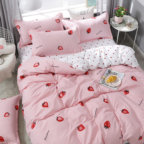 Juego de cama de edredón de fresa rosa, sábanas de cama, funda de edredón de fruta bonita, tamaño King Queen, regalo para niñas, ropa de cama encantadora ► Foto 1/6