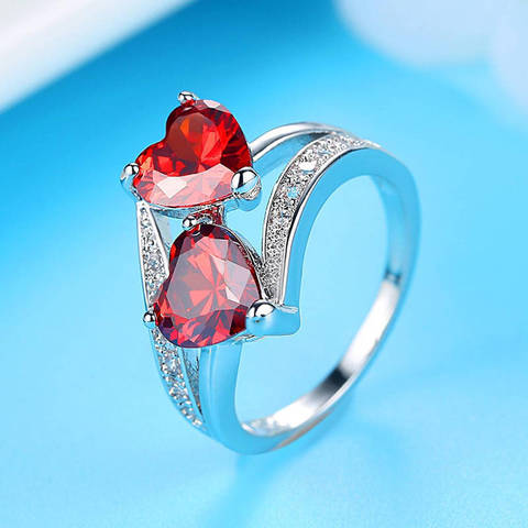 Anillo de compromiso de doble amor transparente rojo azul Tricolor Zircon novia regalo de cumpleaños Glamour pareja anillo de compromiso femenino ► Foto 1/6