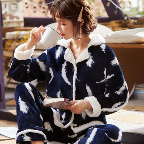 Conjuntos de Pijamas de franela para mujer, ropa de dormir gruesa de lana de Coral grueso, conjunto de Pijamas largos de invierno ► Foto 1/6
