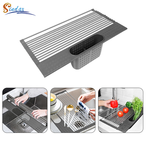 Escurridor de platos ajustable de acero inoxidable, escurridor de frutas y  verduras, soporte de drenaje para fregadero de cocina, estante de  almacenamiento - AliExpress