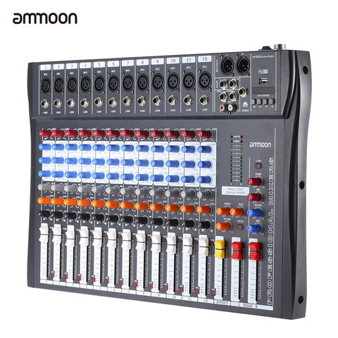 Ammoon-mezclador de Audio con adaptador de corriente, consola mezcladora con USB, 12 canales, línea de micrófono, entrada XLR, 3 bandas, EQ, 48V ► Foto 1/6