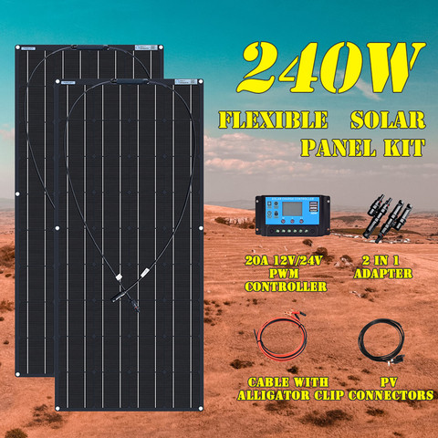 Panel Solar Flexible, 240W, 360w, 12V, Kits de controlador de carga, Cable de extensión para batería, RV, remolque, barco, cabina, caravana, camión ► Foto 1/6