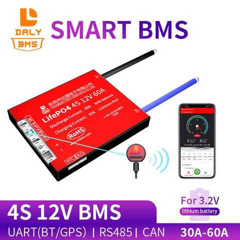 Daly smart-4S BMS LiFePO4 BMS 3,2 V, 12V, 30A, 40A, 50A, 60A, BMS con Bluetooth, UART, RS485, CAN, función NTC ► Foto 1/6