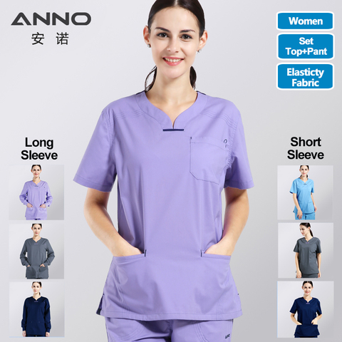 ANNO elástico de algodón Spandex uniforme de enfermera de cuerpo femenino matorrales conjunto de clínica Dental Ropa de Trabajo ropa de manga corta/larga ► Foto 1/6