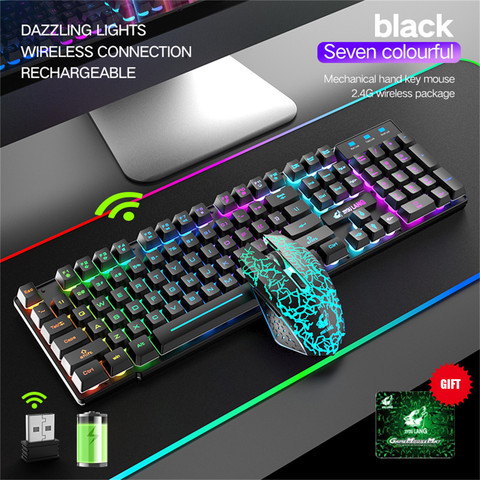 Juego de teclado inalámbrico para videojuegos, Mouse recargable con retroiluminado con LED de arcoíris, para ordenador portátil, PC, 10 juegos ► Foto 1/6